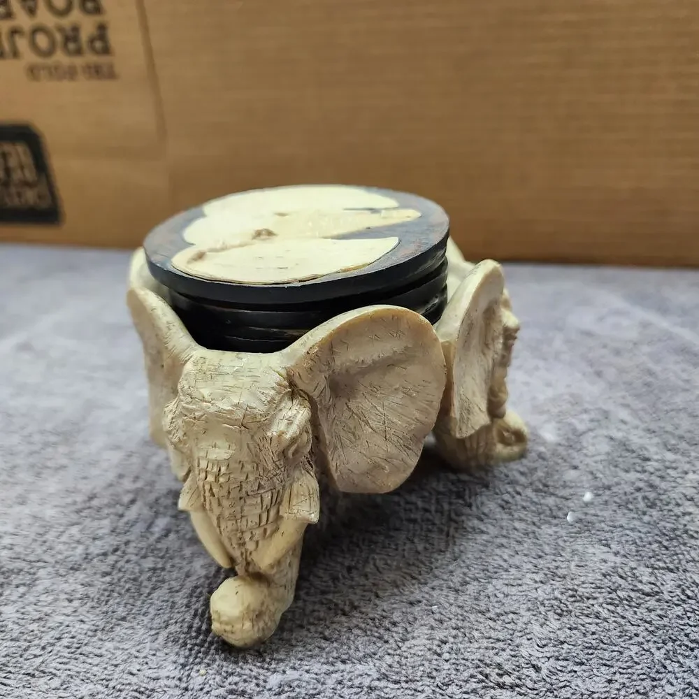 Set of 4 Stone coasters with African Elephant footed holder JJ